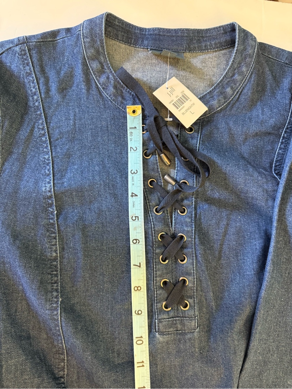 J. Jill Indigo Denim Lace-Up Long Sleeve Raw Hem Dress L, NWT - Picture 9 of 11